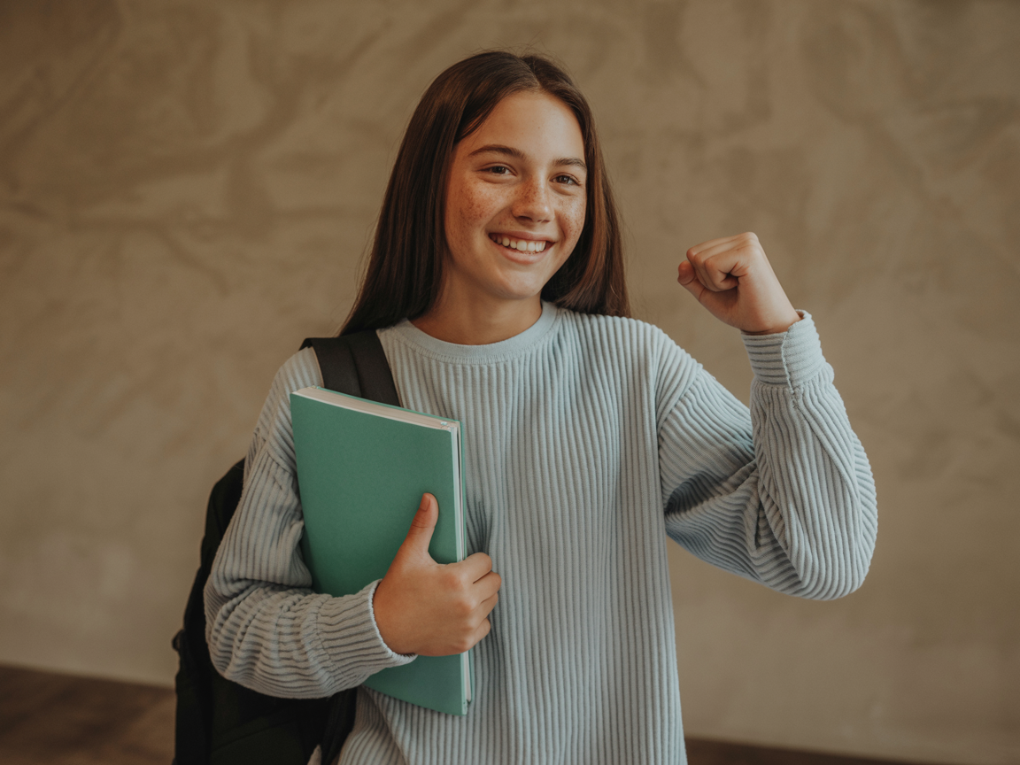 Confident teen showing success and achievement